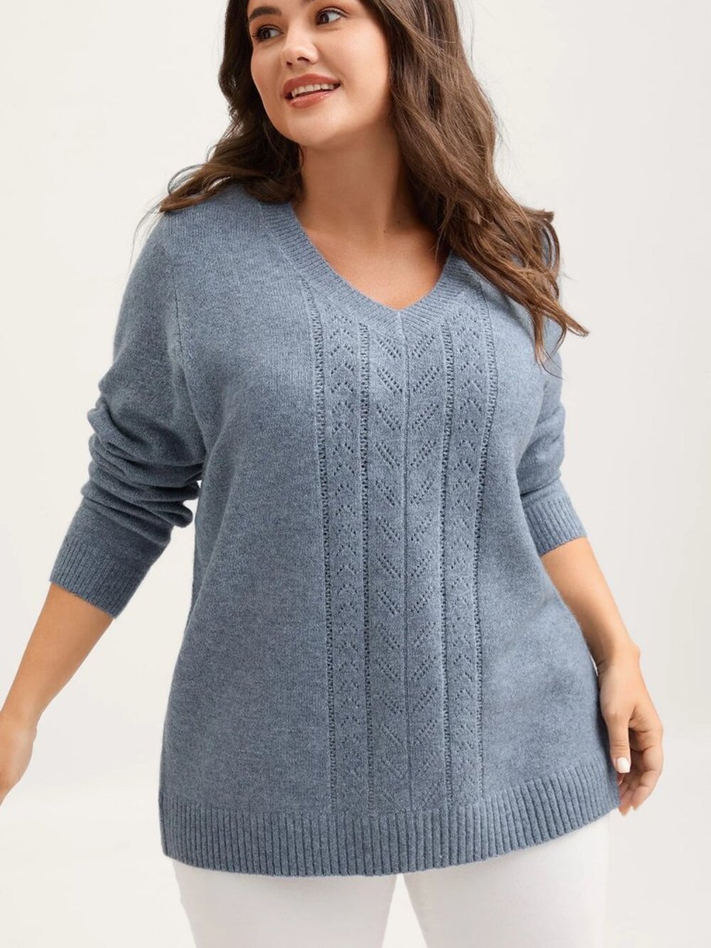 BloomChic Blue Heather Textured V-Neck Pullover Sweater